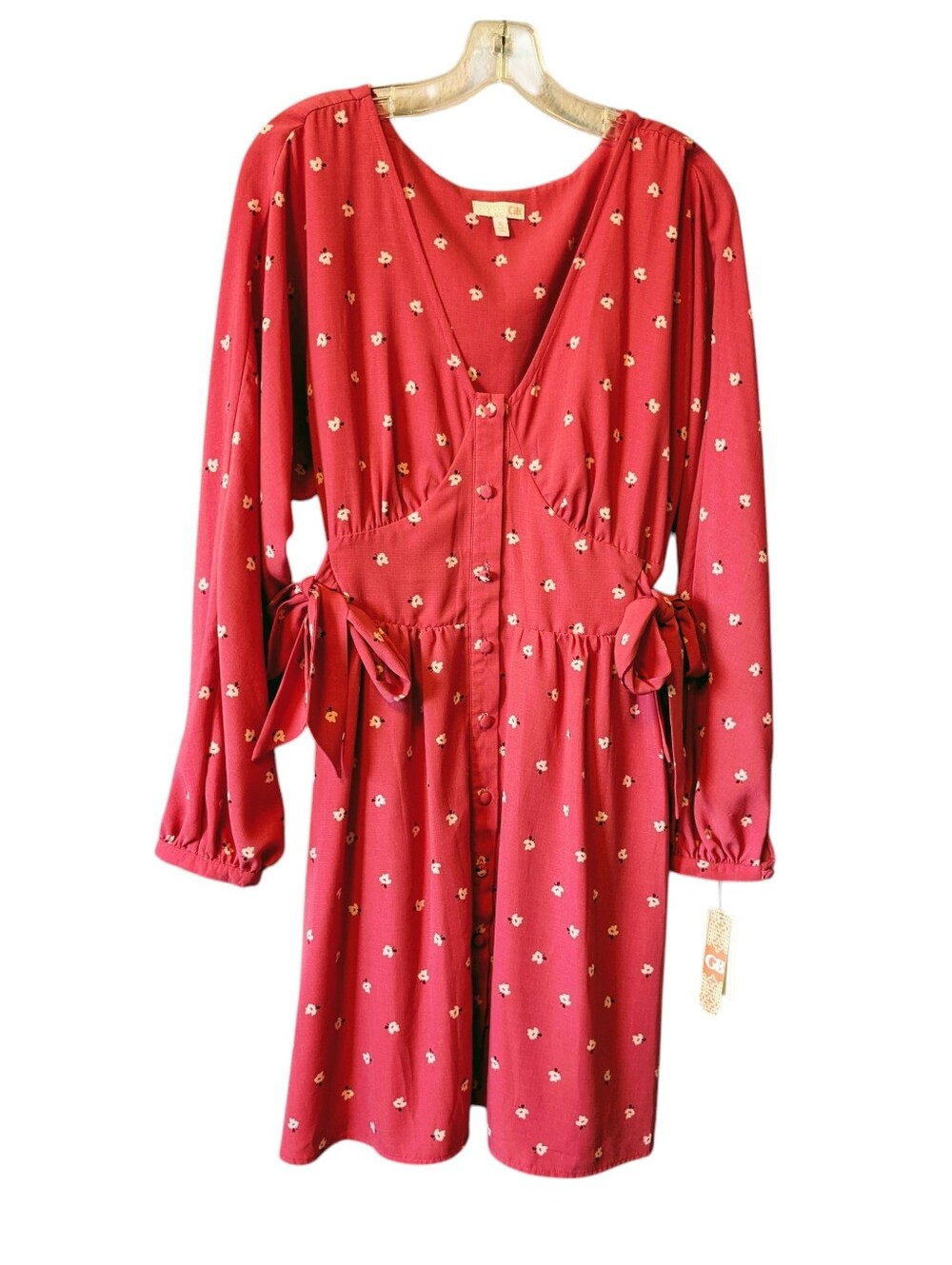 NWT CB Gianni Bini Drk Rose Floral Tie-Waist Long Sleeve Dress